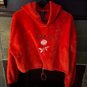 Red Fuzzy Hoodie with Embroidered Rose